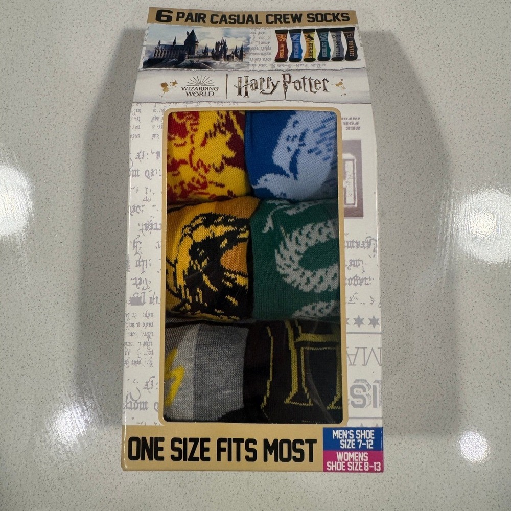 Harry Potter Crew Socks Unisex OSFM Multicolor New 6 Pair Hogwarts House Set